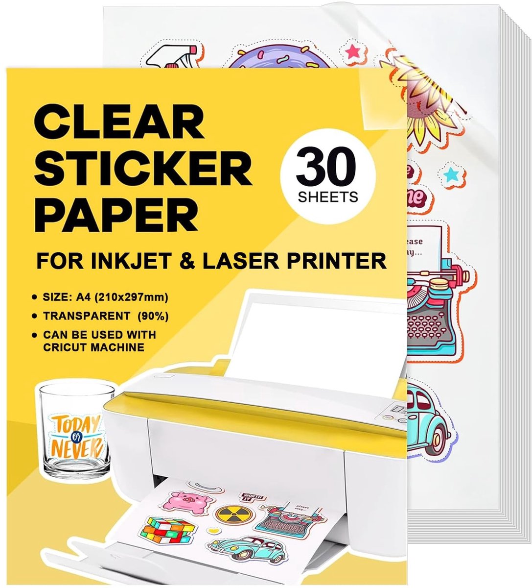 Dailygoods- Plakpapier Transparant - Inkjet Vinyl - 30 Vellen A4 - Sneldrogend - Zelfklevend Papier - Hoge Kleurweergave - Geschikt voor Printers - Stickerpapier