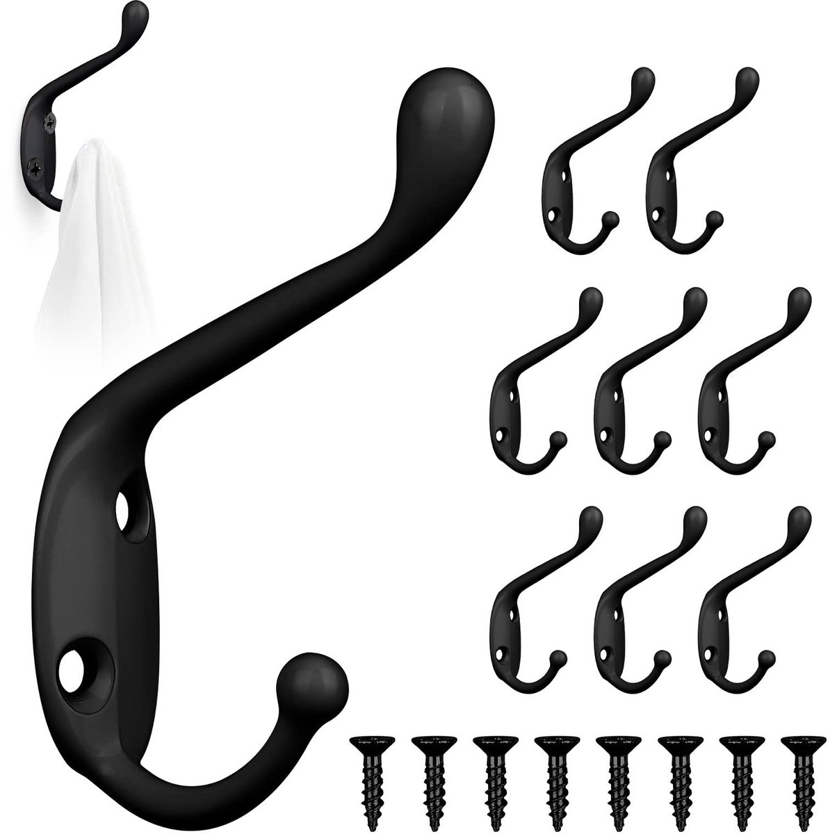 Dailygoods- Kledinghaken - 8 Stuks - Retro Wandhaken - Metalen Haken - Decoratieve Dubbele Haken - Zwart - Geschikt voor Houten Deuren - Kapstokhaken