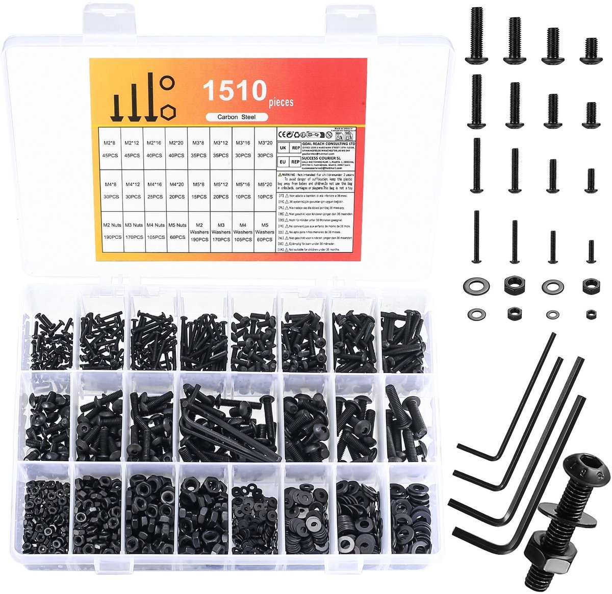 Dailygoods - 1510 stuks M2 M3 M4 M5 schroevenset, ronde kop binnenzeskant schroeven moerenset, machineschroeven assortiment met sluitringen, zwart schroeven en moeren sets, draadschrouwen sets