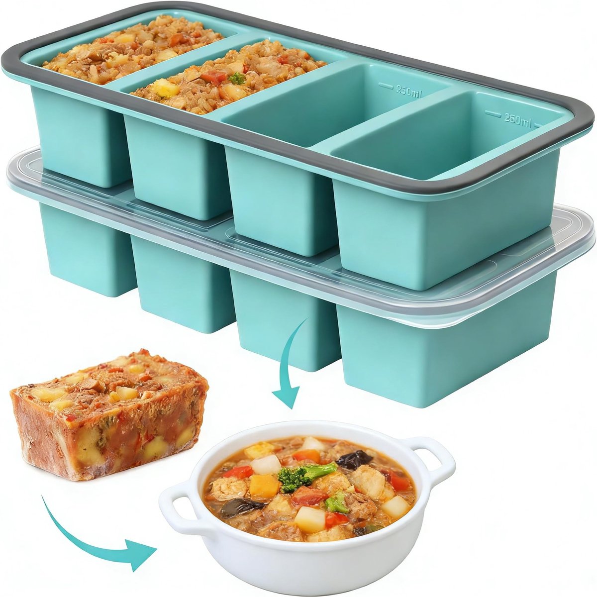 Dailygoods - Souper Cubes Siliconen vriesvorm, set van 2 siliconen vriesvormen voor soep, ijsblokjes, 250 ml, extra groot, invriezen container met deksel voor soep, bouillon, saus, ijsblokjes, BPA-vrij