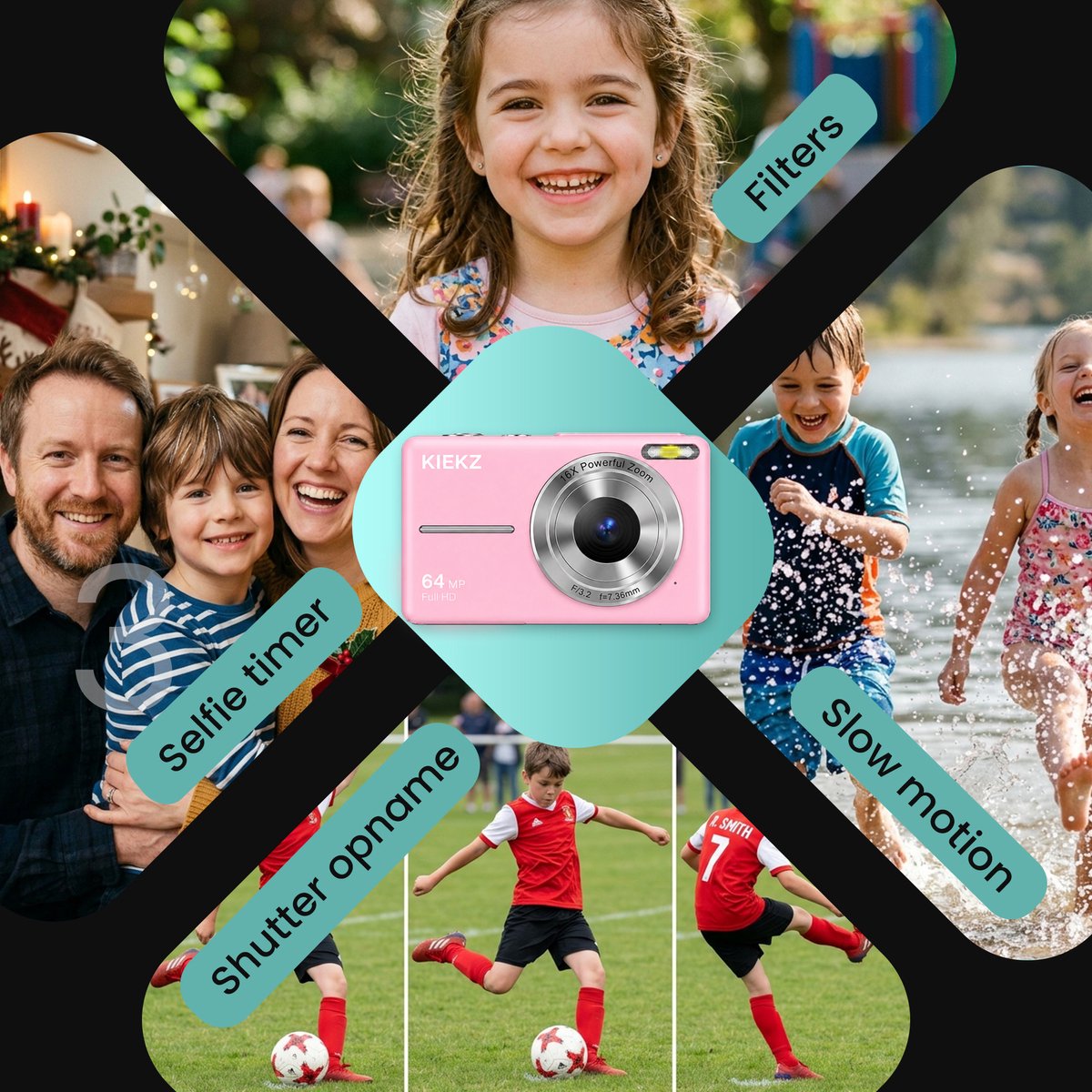 Kiekz Digitale Camera 64MP - Fotocamera Full HD - Mini Camera - Compact Camera - Fototoestel - Autofocus - Ideaal voor Kinderen en Beginners - Inclusief 32GB SD Kaart - Roze thumbnail 7