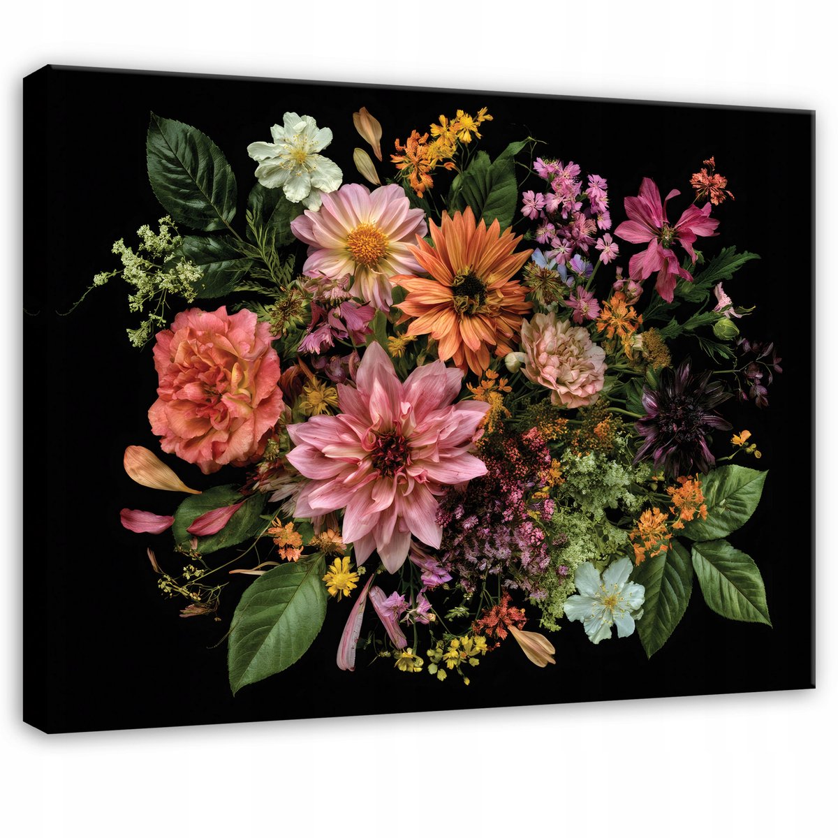 WALLARENA - Schilderij op canvas 100x70 cm - canvas schilderij - bloemen op zwarte achtergrond - voor slaapkamer en woonkamer - op doek