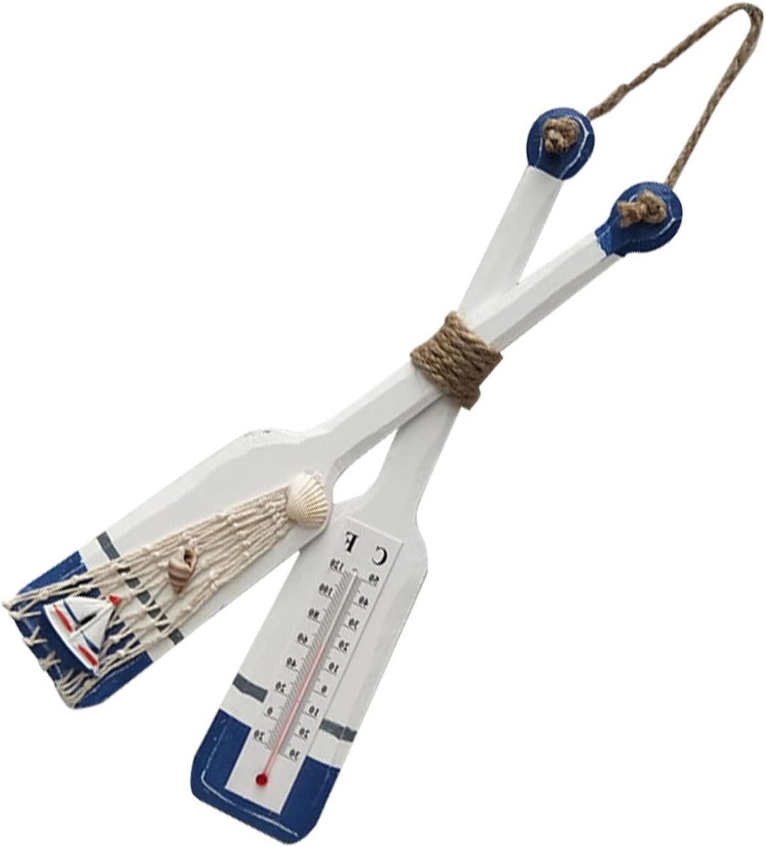 Houten Roer Decoratie - Wanddecoratie Boot - Maritieme Sfeer - Inclusief Thermometer - 32x15 cm - Blauw Wit