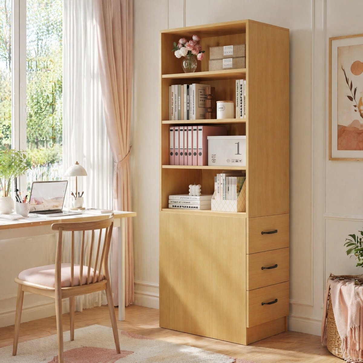 Wishdor - Boekenkast - Smal 180 cm - met 3 zijlades en verstelbare planken - modern - voor kleine ruimtes - houtlook - eiken - 60 x 38 x 180 cm