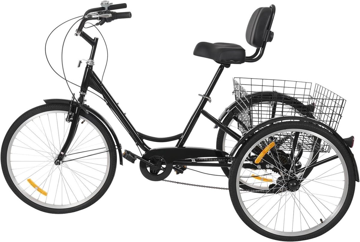 Volwassen Driewieler - Driewieler met mand - Comfortabel transport - 7 Versnellingen - 24 Inch - Zwart