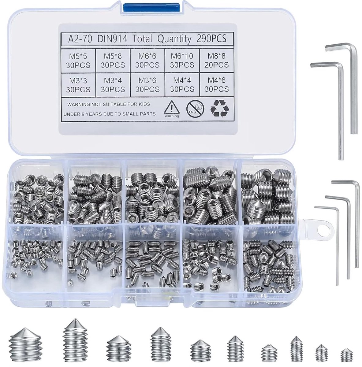 SnelShoppen - 290-delige Set Conische Boutkop Schroeven M3/M4/M5/M6/M8, RVS Hex Socket Schroeven met 5 Stuks Inbus Sleutels voor Deurgrepen, Duurzaam