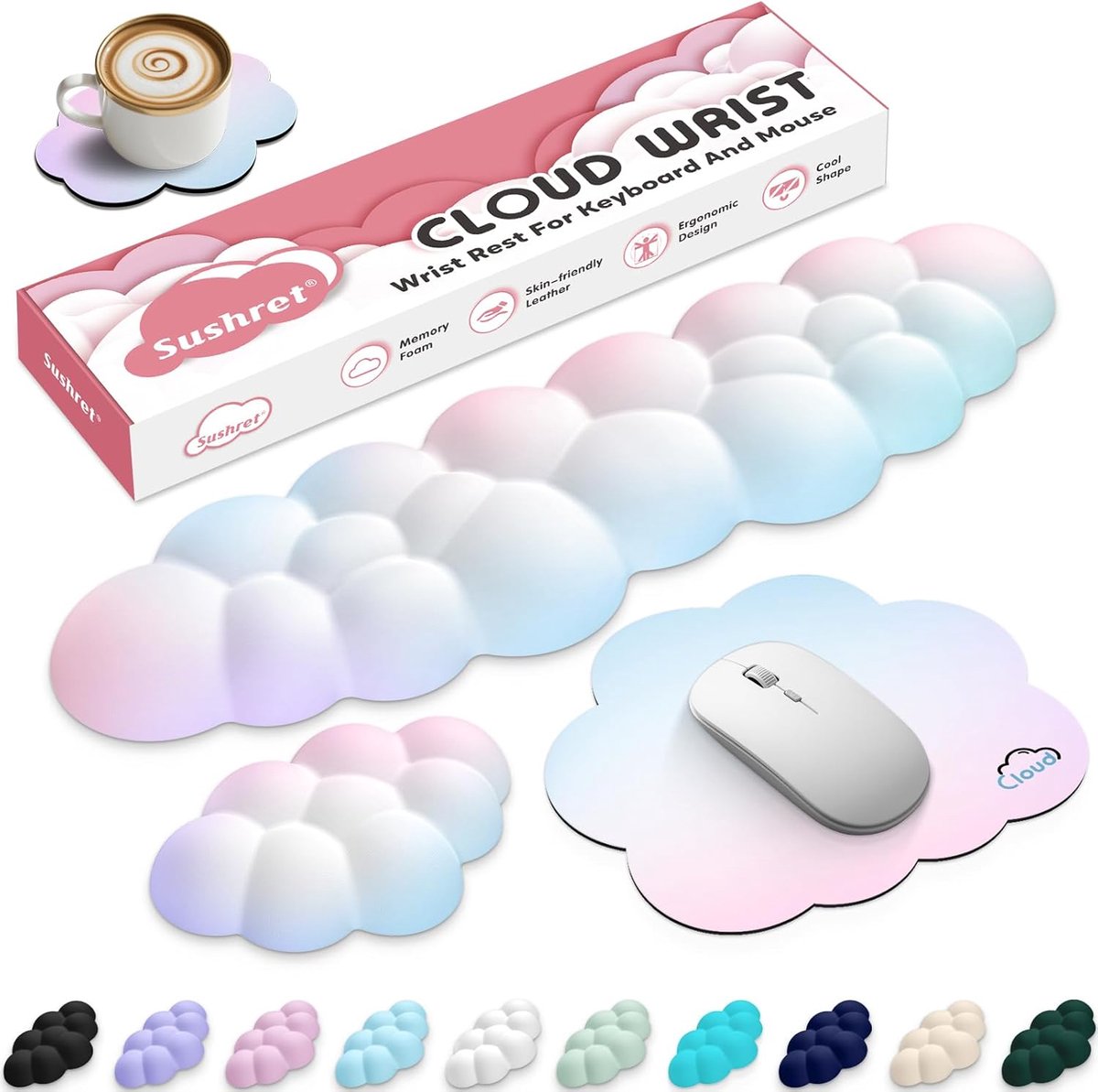 Thijox - Sushret Cloud Polssteun Set voor Toetsenbord en Muismat, 4-in-1 Ergonomische Traagschuim Leren Ondersteuning, Antislip Siliconen Basis, Regen