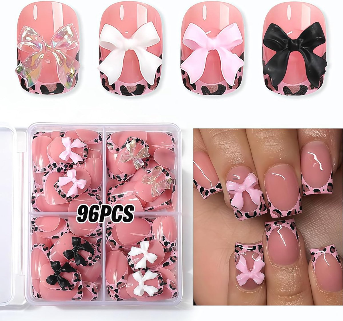 SnelShoppen - 96 Pcs Press on Nails Set - Korte Nagels Roze Luipaard Franse Tips voor Vrouwen en Meisjes, Professioneel voor Salon, Feest, Reizen (12