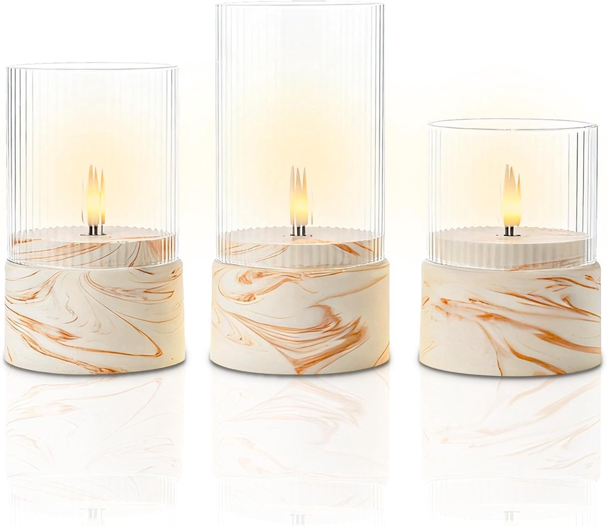 SnelShoppen - 3 Flameless LED Kaarsen met Timer in Marmerlook Bruin en Crème Witte Design, Dimbare Glazen Kaarsen voor Thuisdecoratie en Kerst, Binnen