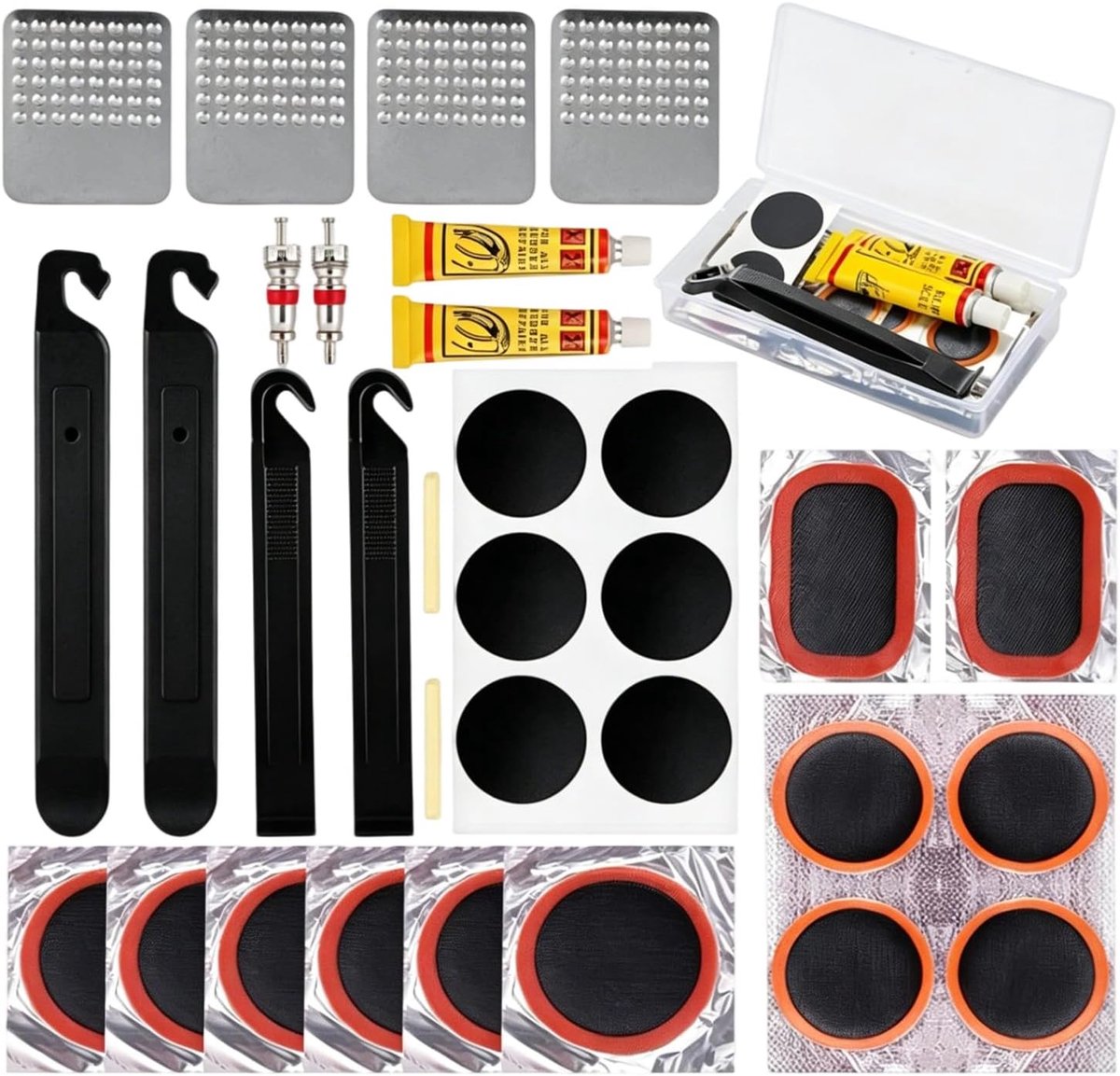 SnelShoppen - 32-delige Fietsbandenreparatieset met Bandenlichters, Patches, Accessoires en Opbergdoos voor Fiets, Motorfiets, E-bike en Mountainbike