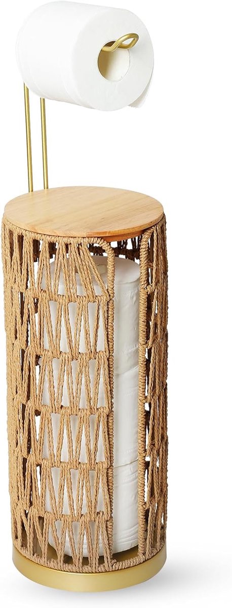 SnelShoppen - Vrijstaande Toiletpapierhouder Rattan, Boho Toiletrolhouder voor 4 Rollen, Gouden Toiletpapierhouder voor Badkamer en Toilet, Functionel