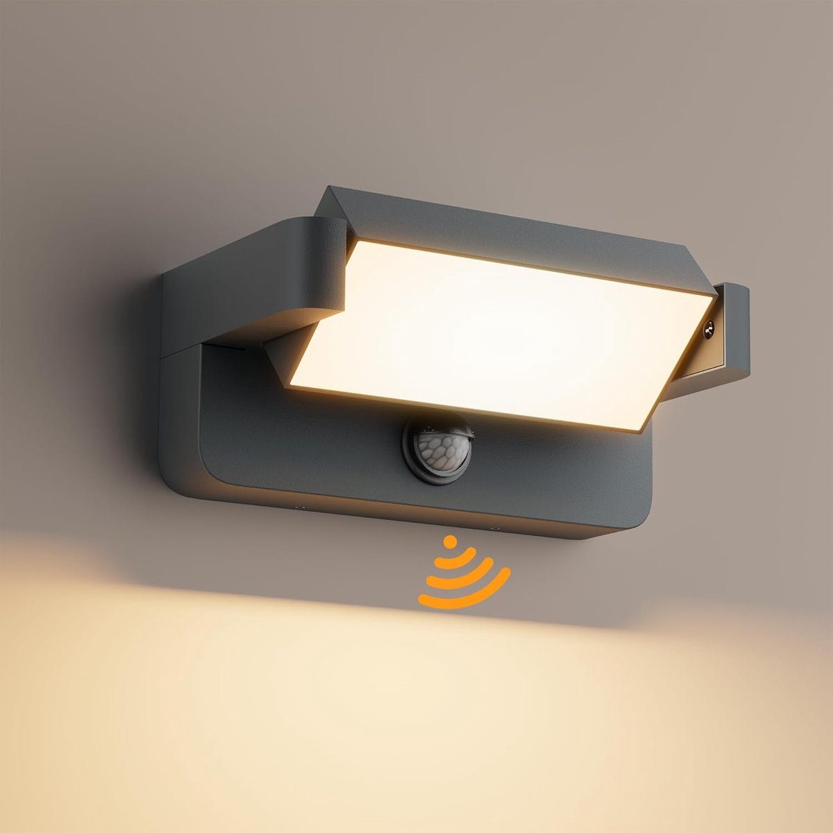 SnelShoppen - 24W Buiten- en Binnenwandlamp LED met Bewegingssensor IP65, 3000K, Rotatie 350° voor Tuin, Patio, Ingang, Anthraciet Aluminium