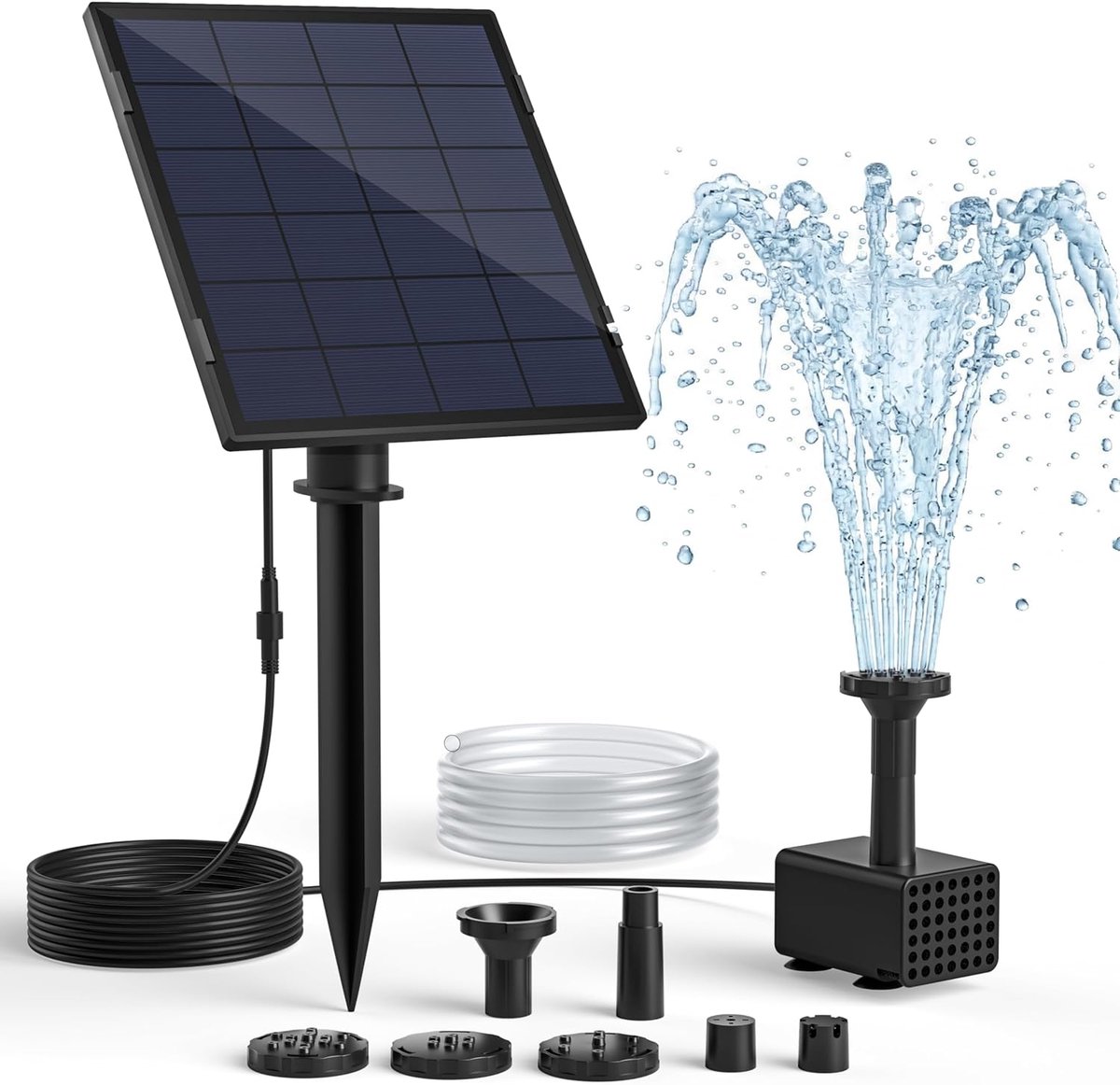 SnelShoppen - Solar Fountain Pump voor Vogelbad - 2.5W Zonnepanelen Waterpomp met 3M Stroomkabel, Verstelbare Grondspike, 5 Spray Modi, 1.2M Slang, Dr