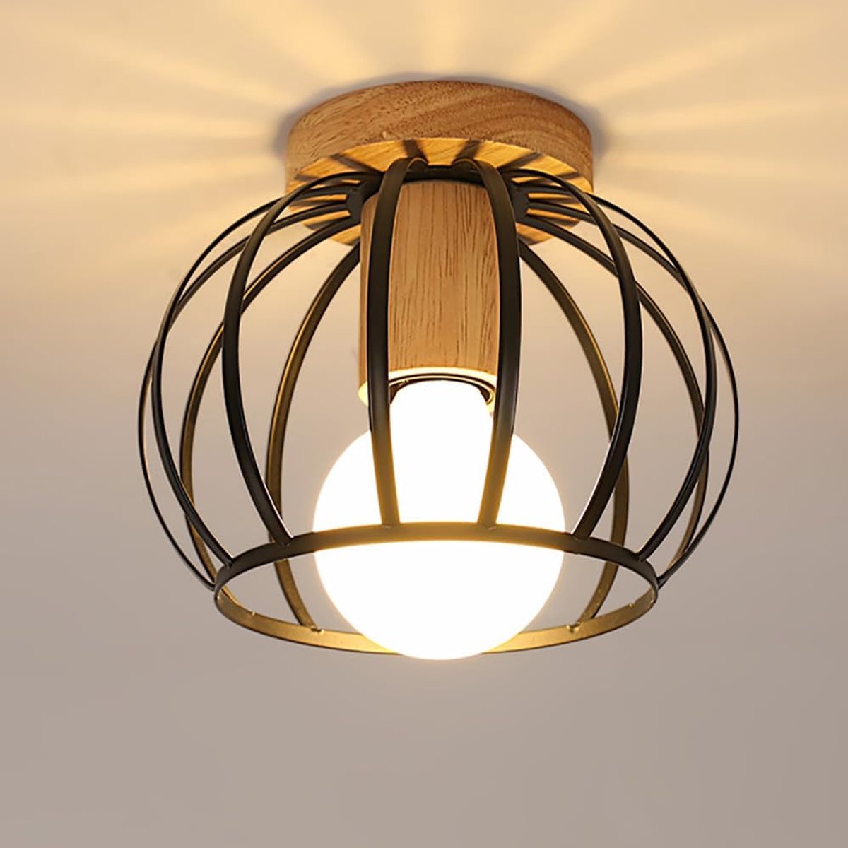 SnelShoppen - Plafondlamp Zwart, E27 Industriële Lampenkap Metalen Kooi Houten Voet Ø 19cm Vintage Lamp voor Hal, Balkon, Eetkamer, Sfeervol Licht