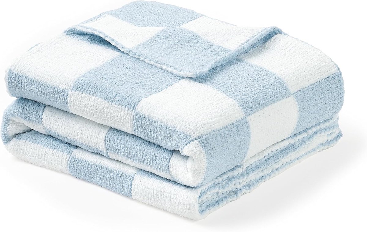 SnelShoppen - Cuddly Soft Warm Chenille Baby Blanket 75x100 cm, Blauw Ruit, Perfect voor Nieuwe Baby's, Baby Shower Cadeau, Zacht en Comfortabel voor