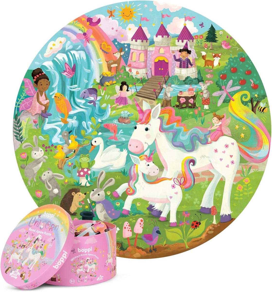 SnelShoppen - Unicorn Puzzel voor Kinderen 5-8 Jaar - 150 Stukken Ronde Puzzel met Prinsessen, Feeën en Dieren - 100% Gerecycled Karton