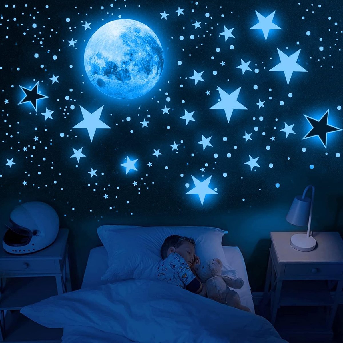 SnelShoppen - 1109 Pcs Luminous Stars Wandstickers, Zelfklevende Sterren & Maan Wandtattoo voor Kinderkamer, Sterrenhemel Sticker, Blauw, Slaapkamer D