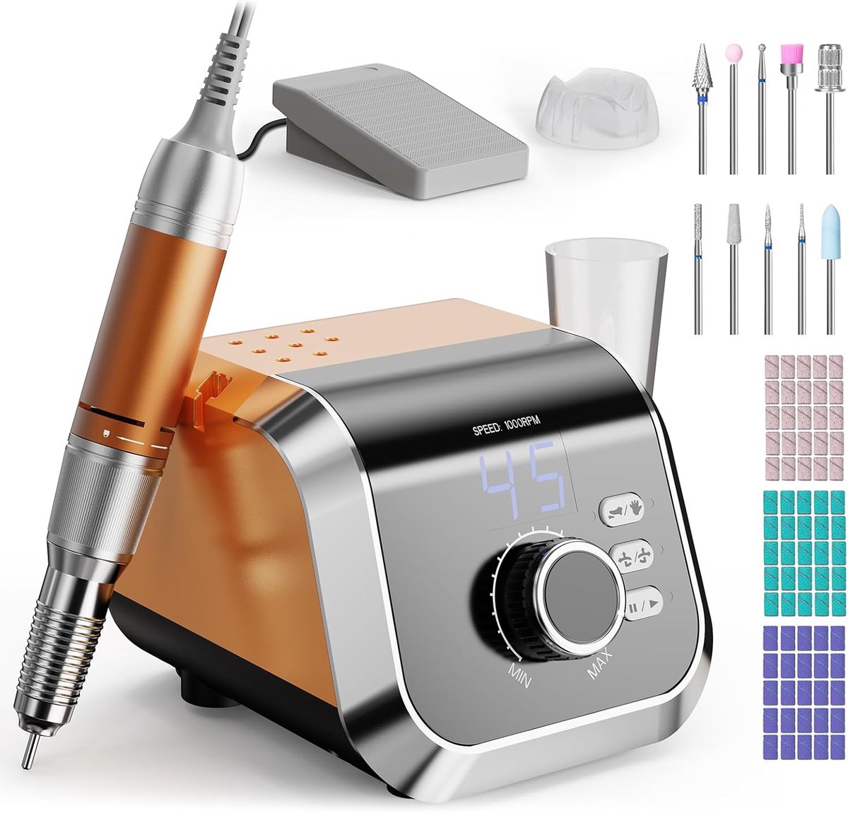 Thijox - Professionele elektrische nagelfrees met 45.000 omwentelingen, 45 snelheden, voetpedaal, 11 nagelfrees en 75 banden, stil <40 dB, ideaal voor