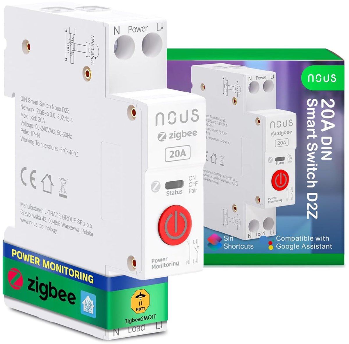 SnelShoppen - Zigbee DIN Switch 20A Smart Switch met Energie Monitoring - Compatibel met Zigbee2MQTT, Home Assistant, Alexa, Google Home - App en Stem