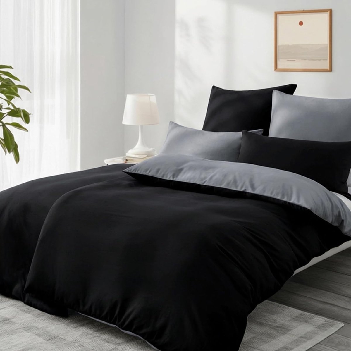 SnelShoppen - 4-delig Omkeerbaar Bedlinnen Set 135 x 200 cm - Zachte Microfibre Dekbedovertrekken in Zwart en Lichtgrijs met Kussenslopen - Ideaal voo