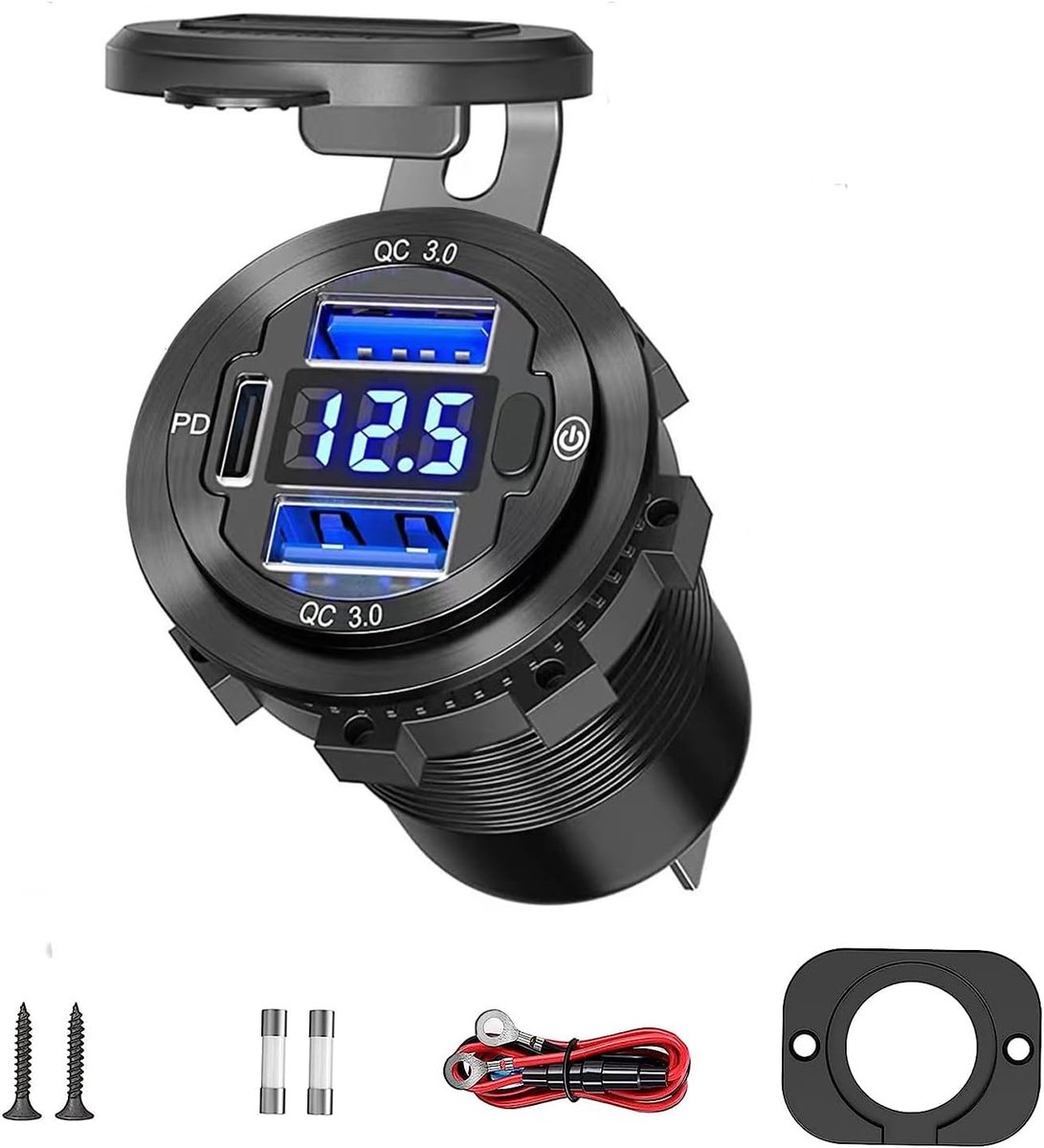 SnelShoppen - 72W USB Auto Lader met 12V, 5 in 1 Oplaadstation, ON/OFF Schakelaar, LED Voltmeter, 3 Oplaadpoorten voor Camper, Boot en Voertuig