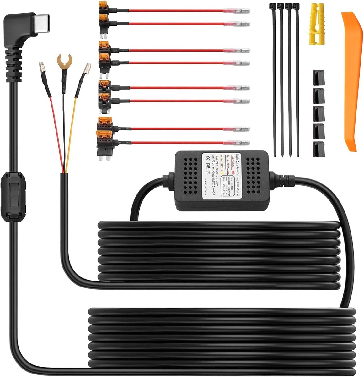 SnelShoppen - eSynic Hardwire Kit USB Type-C 3.5m voor Dash Cam, Auto, SUV, ACC Mode, Laagspanning Bescherming, 3-Draads Step-Down Converter 12-24V na