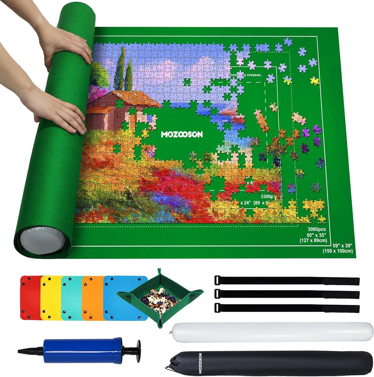 Thijox - MOZOOSON Puzzelmat Oprolbaar voor 3000, 2000, 1500 Stukjes - Puzzelaccessoires met 6 Sorteerders - Ideaal voor Thuis, Camping, Kinderen en Fe