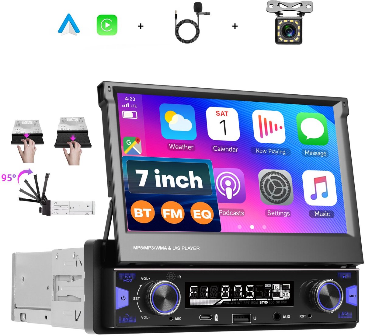 Boscer 1 Din Autoradio met Klapscherm - Draadloos Apple CarPlay & Android Auto - 7 Inch Scherm - Bluetooth & FM/AM Radio (RDS) - Incl. Afstandsbediening, Achteruitrijcamera & Microfoon