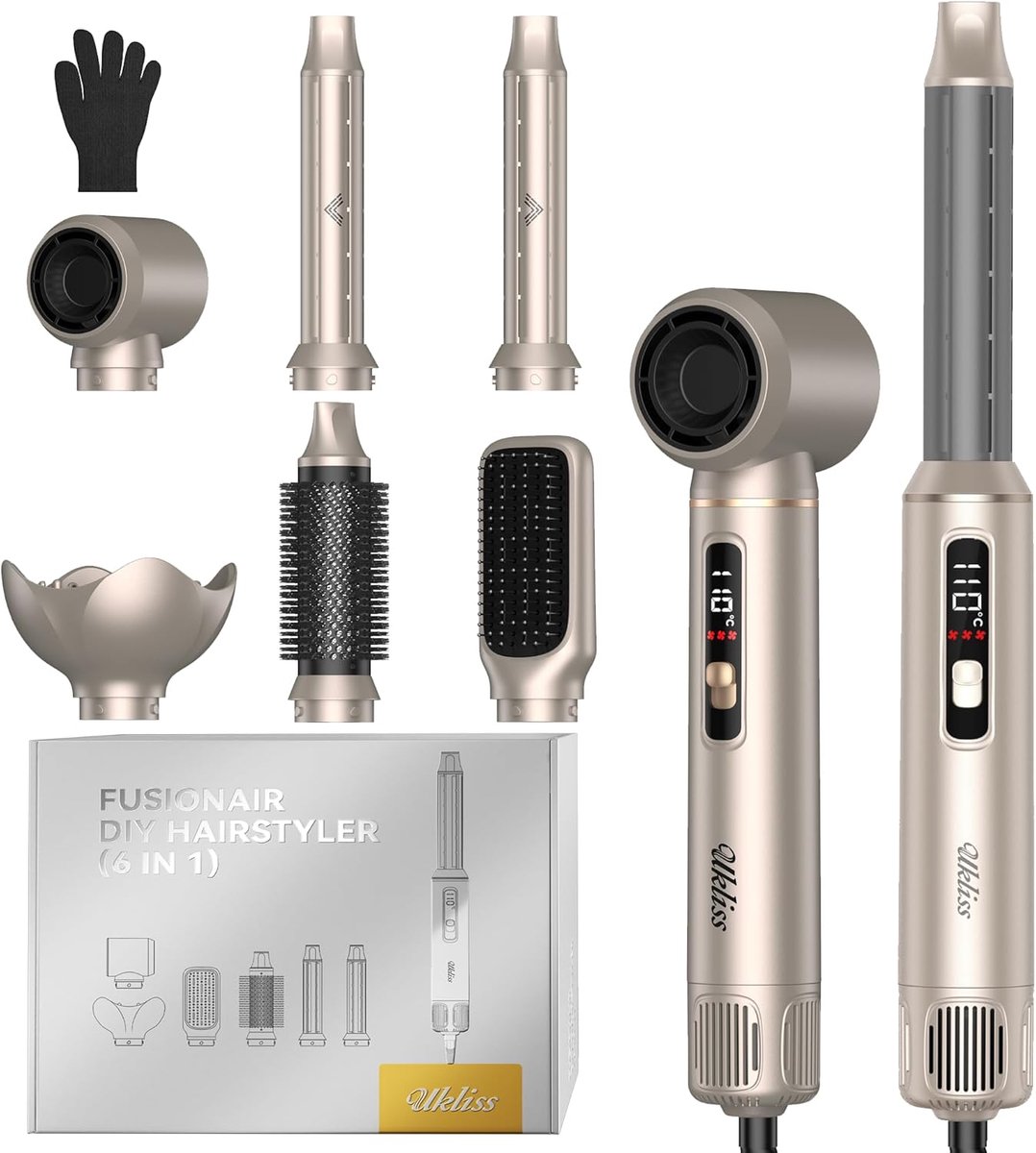 Thijox - UKLISS Haarstyler 6-in-1 met LCD-display, 1000 W Föhnborstel, Airluft Krultang, Haardroger, Ronde Borstel, Stylingset voor Gladmaken, Drogen,