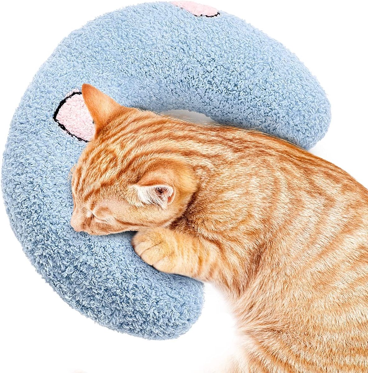 Thijox - Zacht Pluizig Kattenkussen met Kattenkruid - U-vormig Pluche Dier - Rustgevend Speelgoed voor Katten - Blauw - Ideaal voor Slapen en Spelen