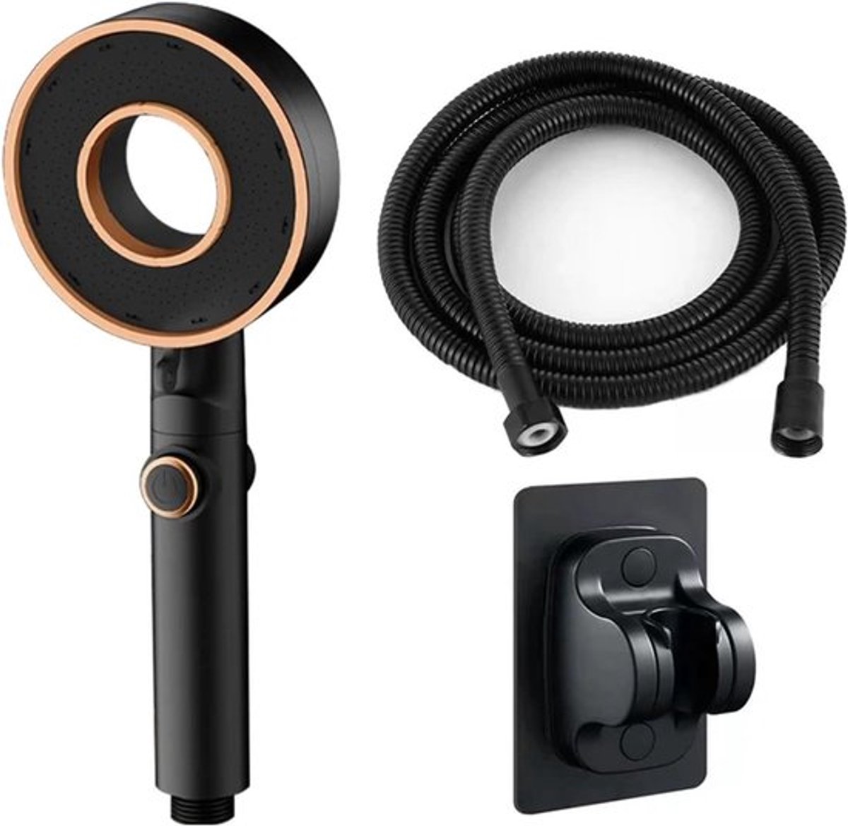 Douchekop met slang-douchekop met slang en wandhouder-Huishoudelijke handdouche met holle straal - drie-snelheden booster - badkamerdouche-uitrusting - filter - 1,5M slang - zwarte set - 20x10cm