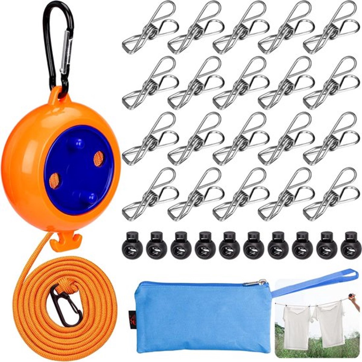 Campingwaslijn, praktische en uitschuifbare waslijn voor kamperen en reizen, 10 m nylon waslijn met clips en clips voor gebruik binnen en buiten