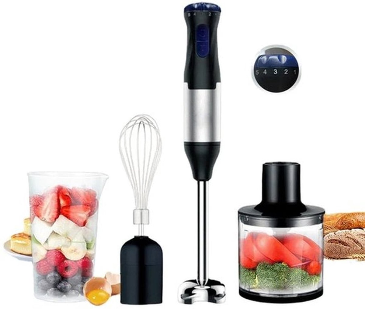 Deze multifunctionele staafmixer heeft een hakmolen, garde en mengbeker, en 5 snelheidsstanden. Een geweldige keukenhulp in één!