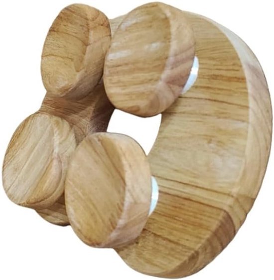 Houten sauna hoofdsteun met vier ronde rolletjes en een gebogen houten basis, op witte achtergrond.