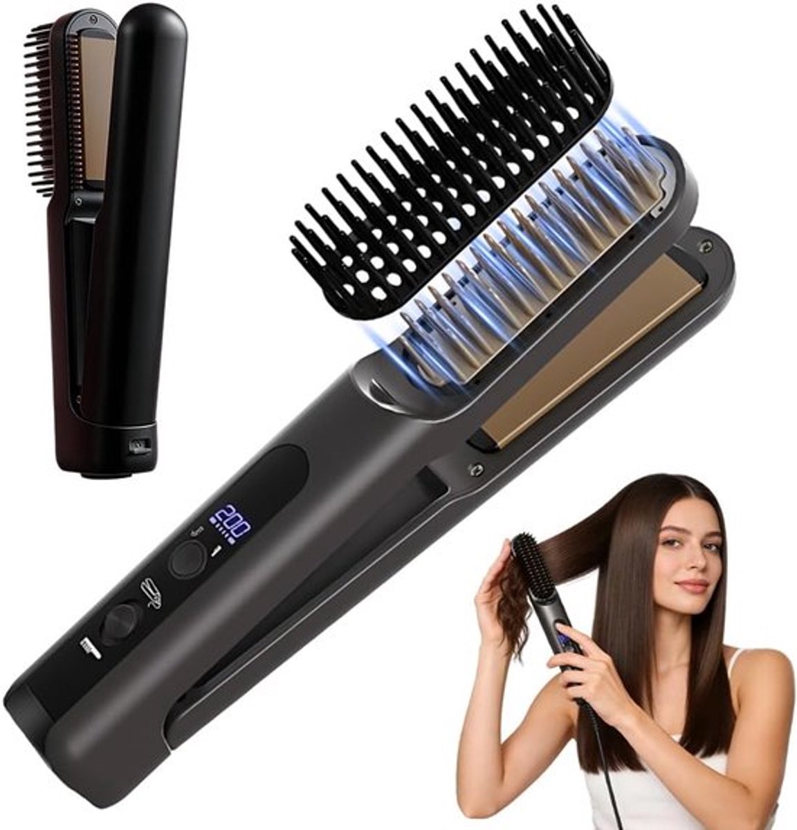 Stijltangborstel - Haarstijltang - 2-in-1 Ionische borstel - Stylingborstel - Met 4 warmtestanden - Keramisch - Verwarmde kam - Voor kort haar - Voor vrouwen - Draagbaar - Zwart