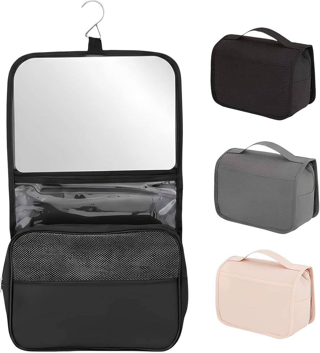 Thijox - Grote toilettas voor dames en heren, opvouwbare make-uptas met spiegel, zwart, 25x11x20cm, ideaal voor reizen, camping en outdoor activiteite