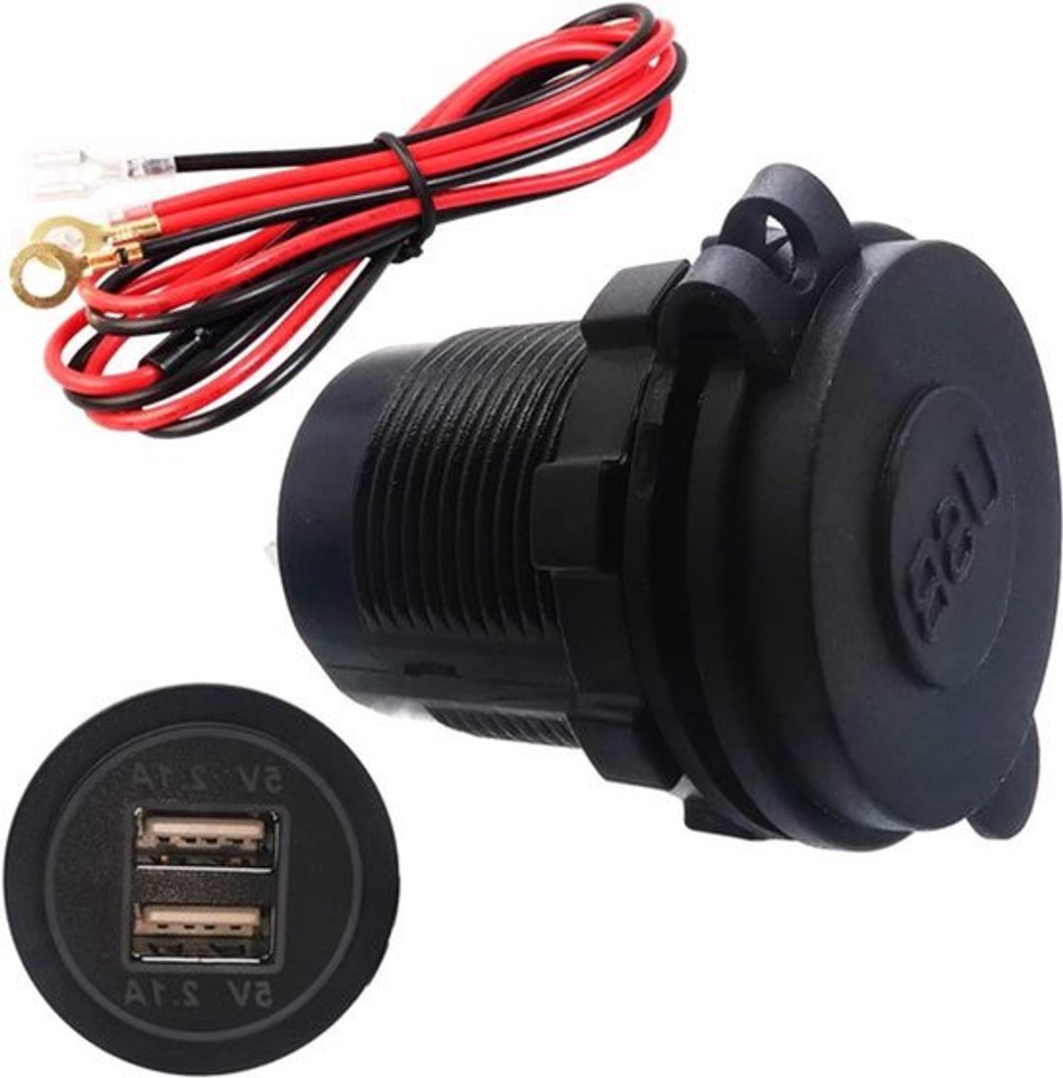 Waterdichte 12V USB Autolader met Dubbele 5V/2.1A USB Poorten - Rood - Voor Auto, Boot, Camper - Met Zekering - 60cm Kabel - 1 Stuk
