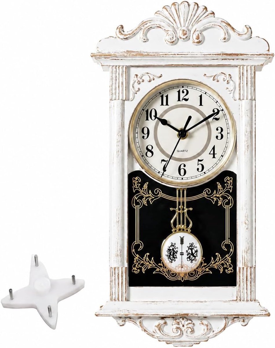 SnelShoppen - Vintage Wandklok voor Woonkamer, Keuken of Eetkamer - 16 Inch Houten Uiterlijk Plastic - Stille Beweging - Elegante Decoratie in Wit