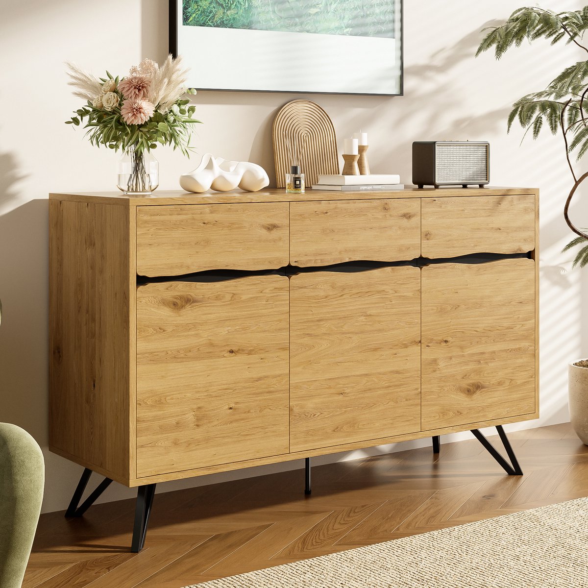 Wishdor - Dressoir - 3-deurs opbergkast met gesloten vakken en metalen poten - modern Scandinavisch industrieel - woonkamer hal - houtlook zwart - 140 x 40 x 75,5 cm