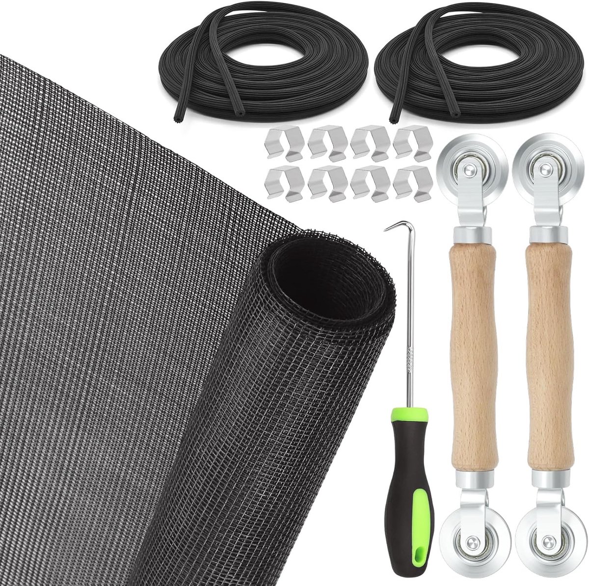 SnelShoppen - 14-delige Reparatieset voor Raamhoren - Inclusief 150x260cm Fiberglas Raamnet, Spline, Rollers, Clips en Verwijderhaak - Zwart - Voor Th
