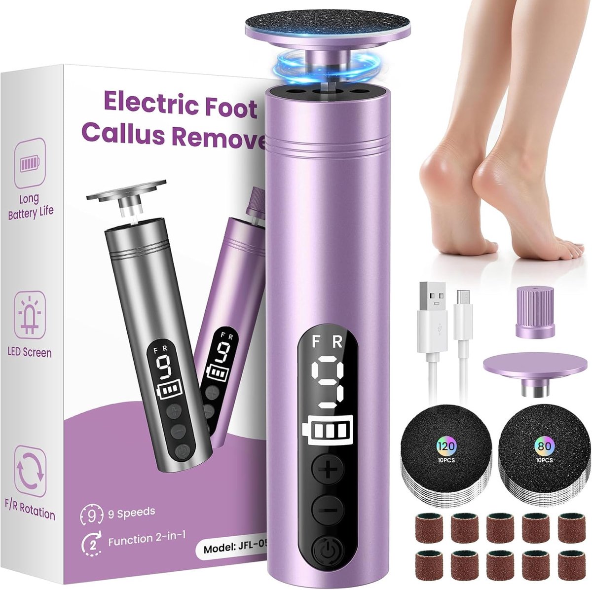 Thijox - Elektrische Eeltverwijderaar 2-in-1 Pedicure Voetvijl met 9 Snelheden, Oplaadbaar met LED-display en 2 Opzetstukken voor Harde Huid, Perfect