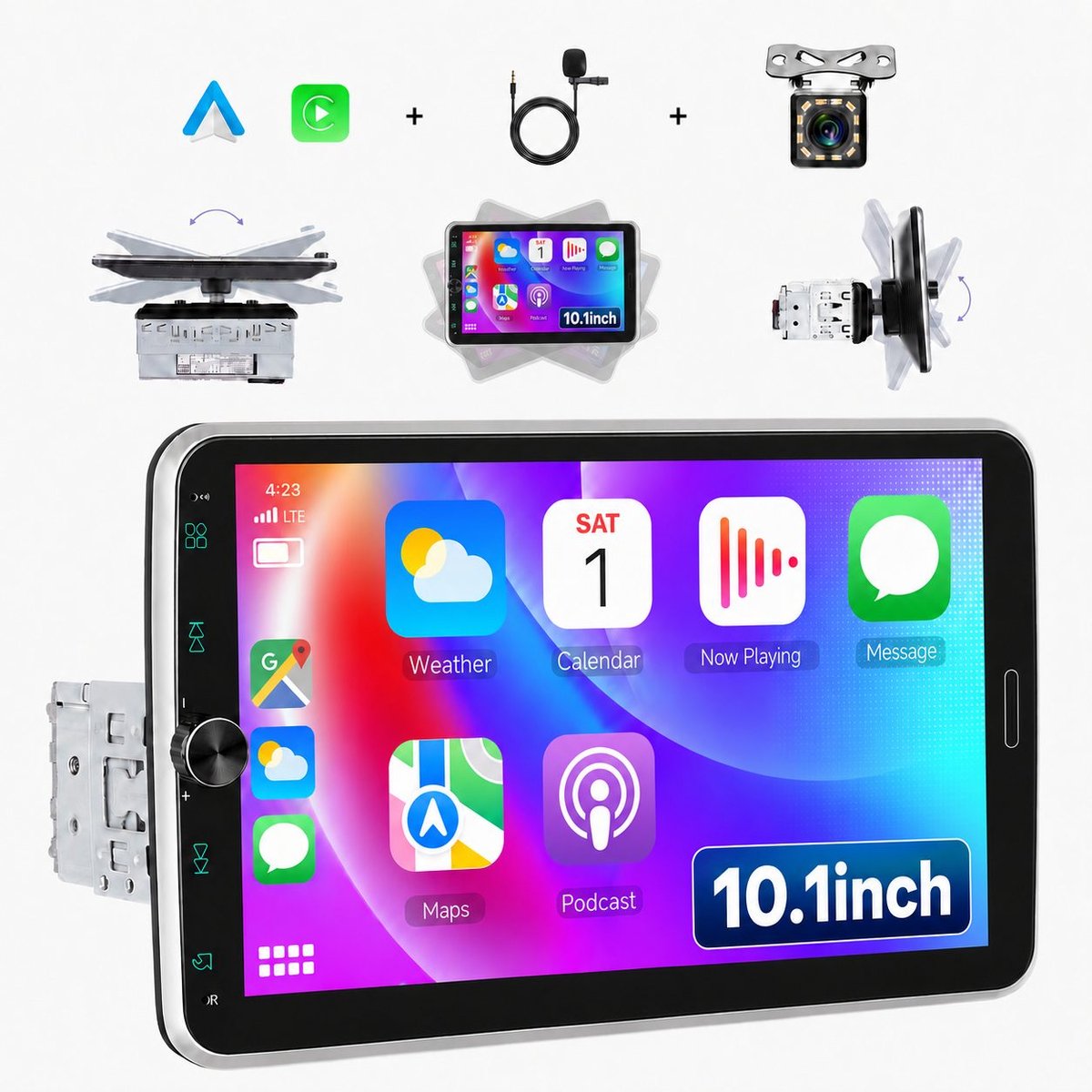 Boscer 1 Din Autoradio met 10.1 Inch Scherm - Draadloos Apple CarPlay & Android Auto - Draaibaar & Afneembaar - Bluetooth & FM/AM Radio (RDS) - Incl. Achteruitrijcamera & Microfoon