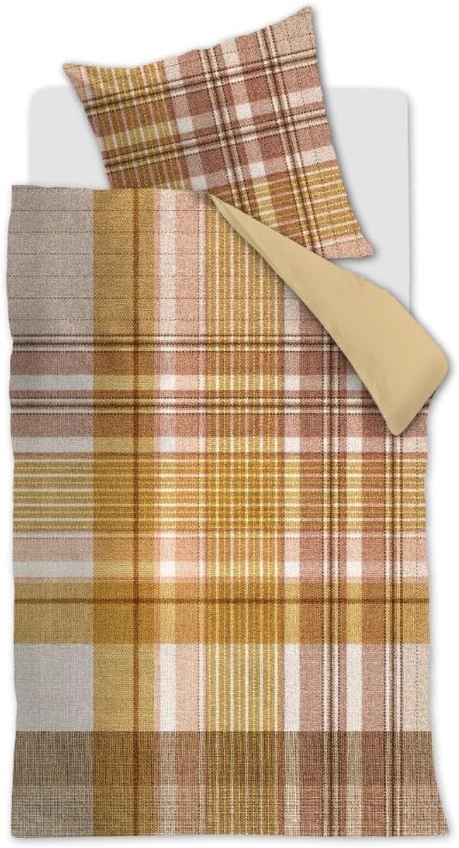SnelShoppen - Dekbedovertrekset Abbey Geel 135x200 cm + Kussensloop 80x80 cm - Checkered Weave Structuur - Satijn - Warm Geel en Roze Tinten