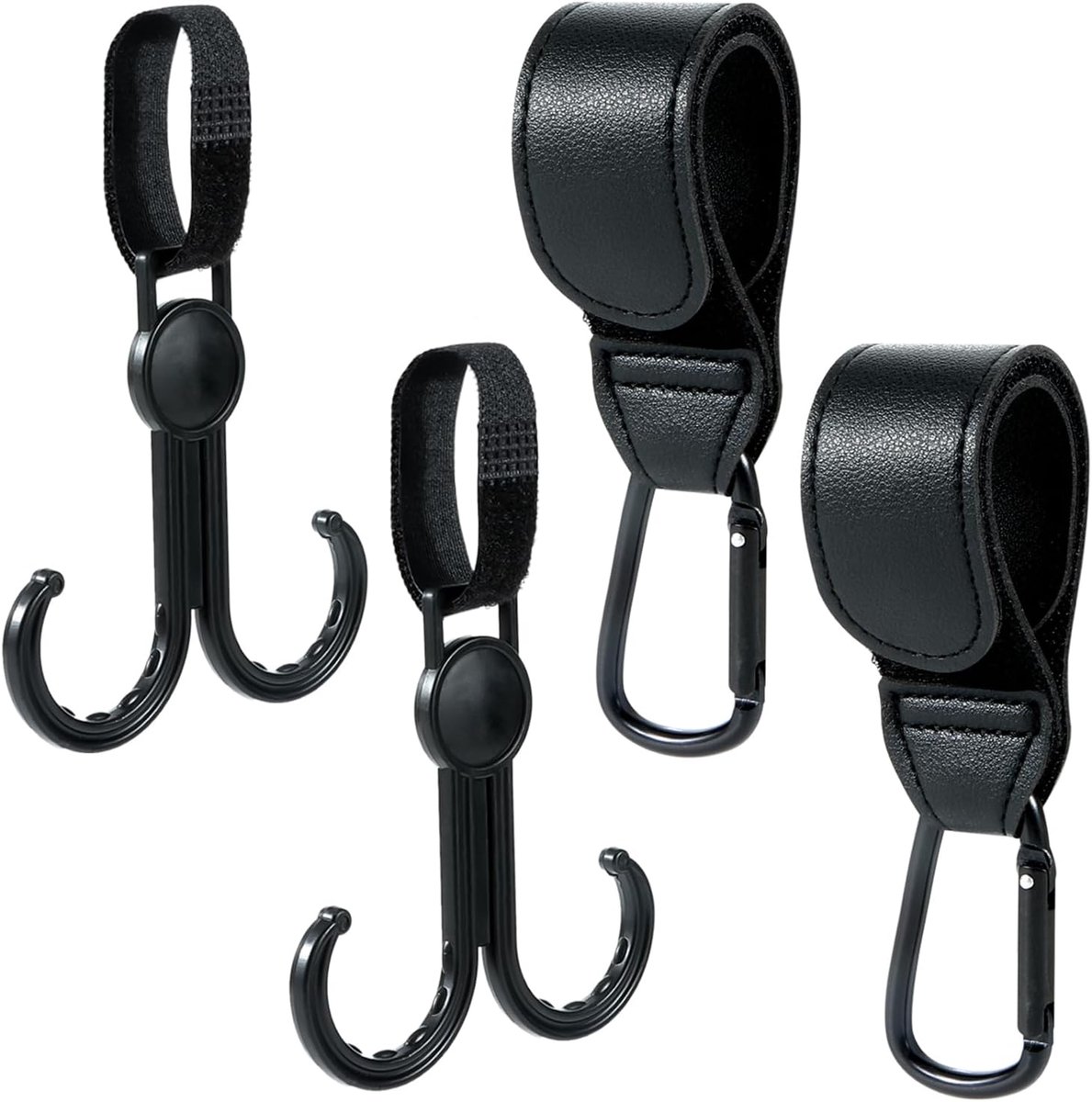 SnelShoppen - 4 Stuks Pram Hooks, Leerlook Kinderwagen Haken, Tas Houder, Velcro Bevestiging, Aluminium en Kunststof Haak, Zwart, Voor Boodschappen en