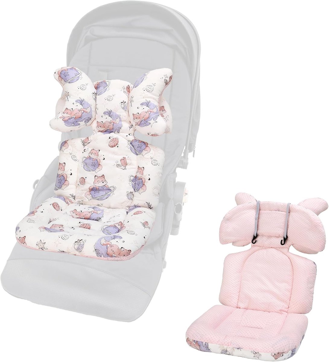 SnelShoppen - Universele Kinderwagen Verkleiner, Omkeerbare Kinderwagenhoes, Verwijderbare Hoofdkussen, Universele Buggy Mat (Planet Fox) - 100% Katoe