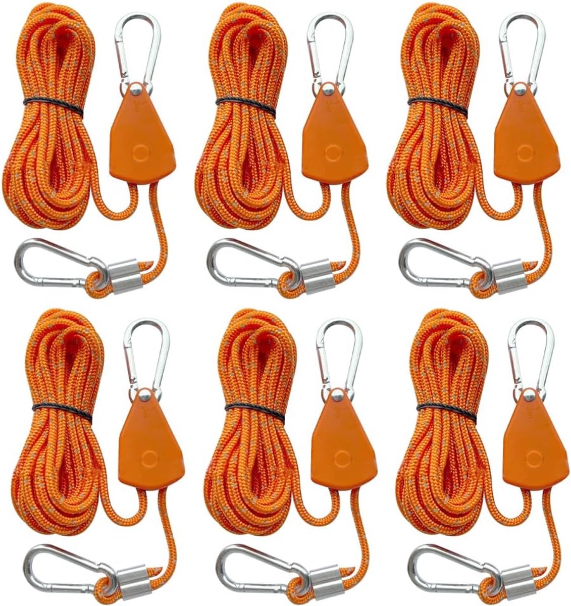 SnelShoppen - Reflecterende Tentstokken, 6 Stuks, 4 m, 4 mm, Lichtgewicht Camping Touwen met Spanner en Haken, Perfect voor Tent en Zeil (Oranje)