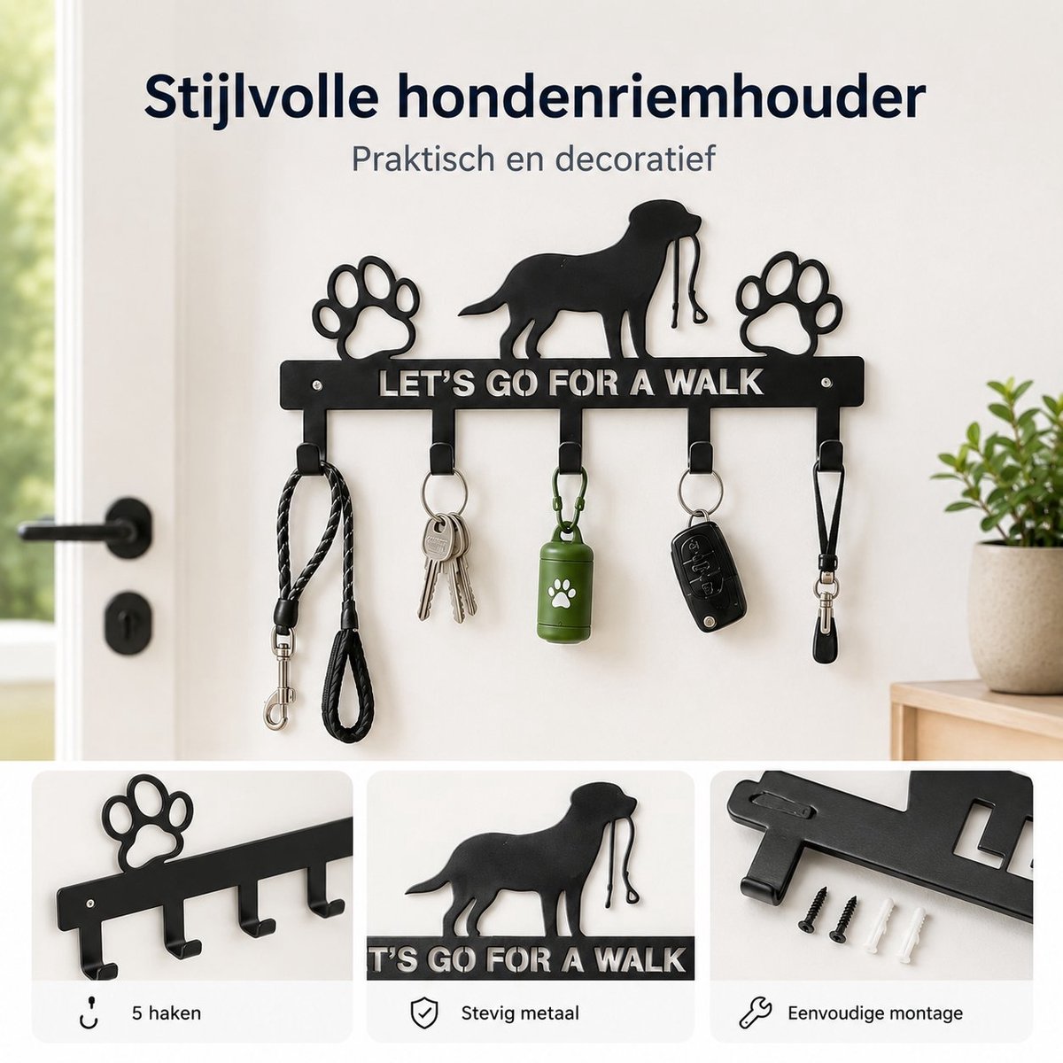 Arvion Wandhondenriemhouder met 5 haken, metalen sleutelhouder, hondenhalsband organizers, zwart