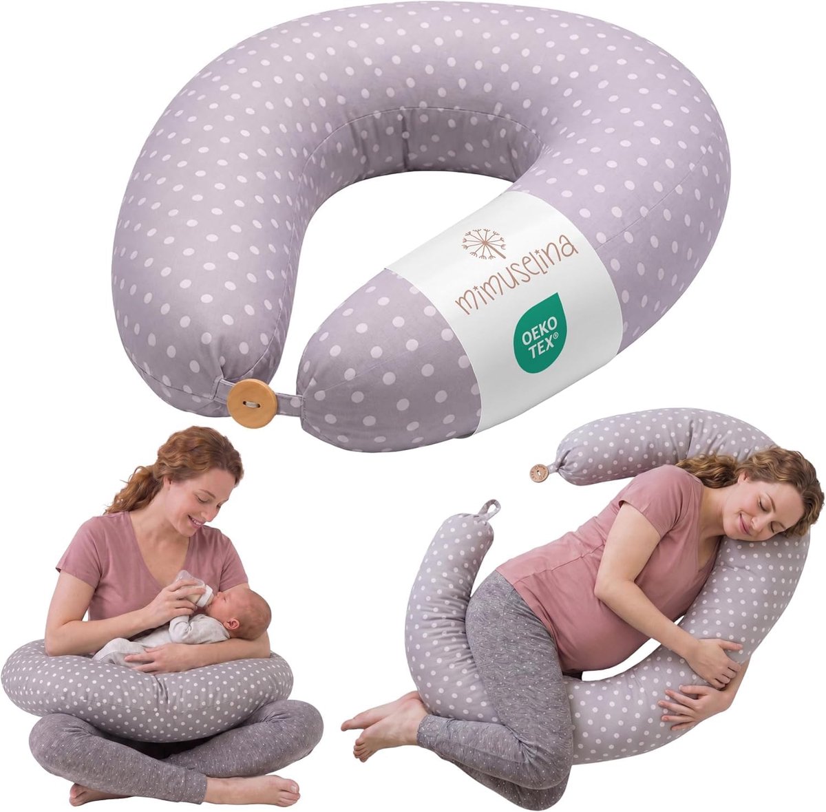 SnelShoppen - Multifunctionele Zwangere- en Borstvoedingskussen XXL 125x60 cm - 100% Katoen, Grijs met Witte Dots, Verwijderbare en Wasbare Hoes