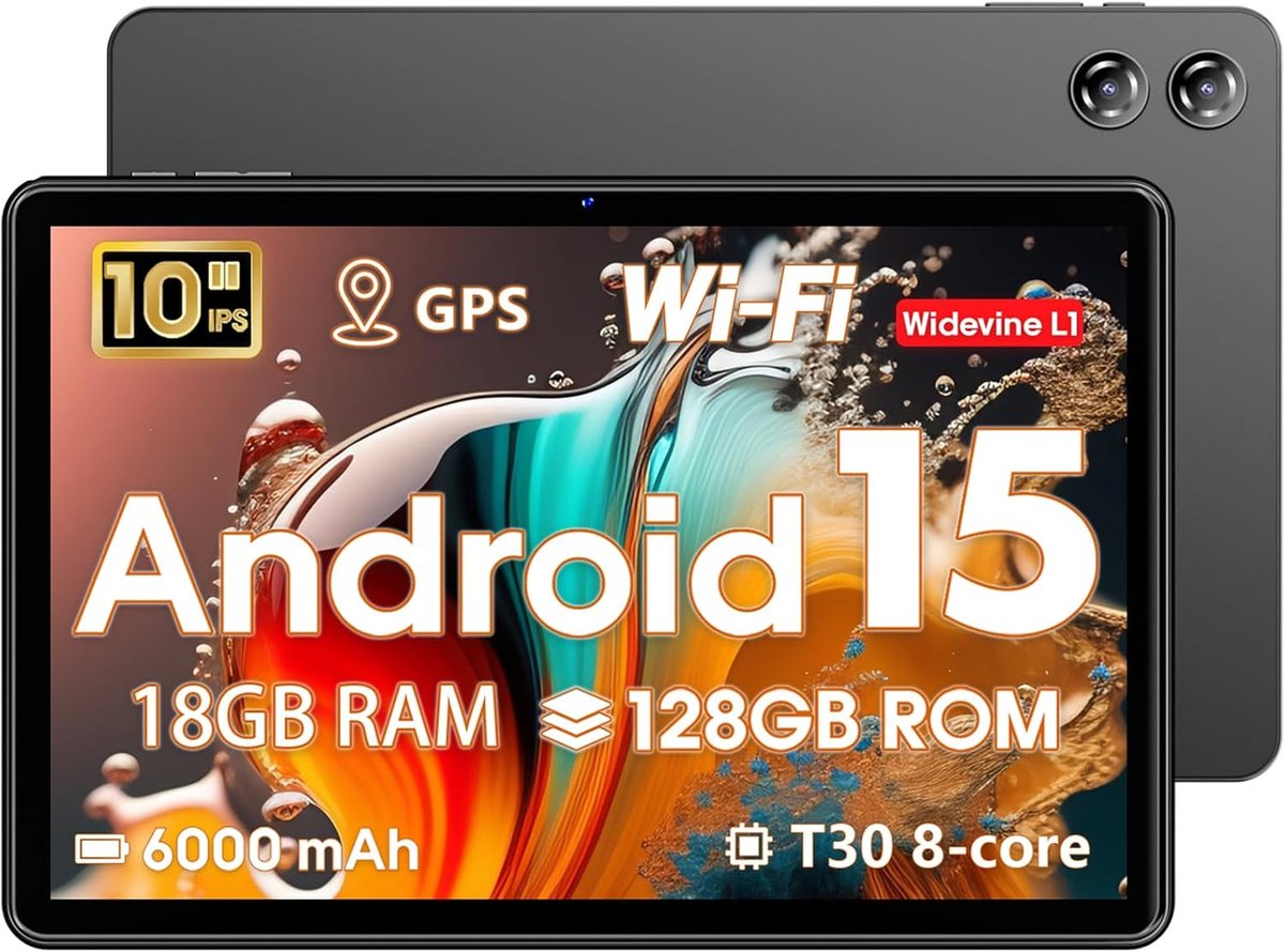 SnelShoppen - Tablet 10 Inch met 18GB RAM + 128GB ROM, Android 15, Octa-Core T30, WiFi 5, 1TB Expandable, 6000mAh, Dual Camera, GPS