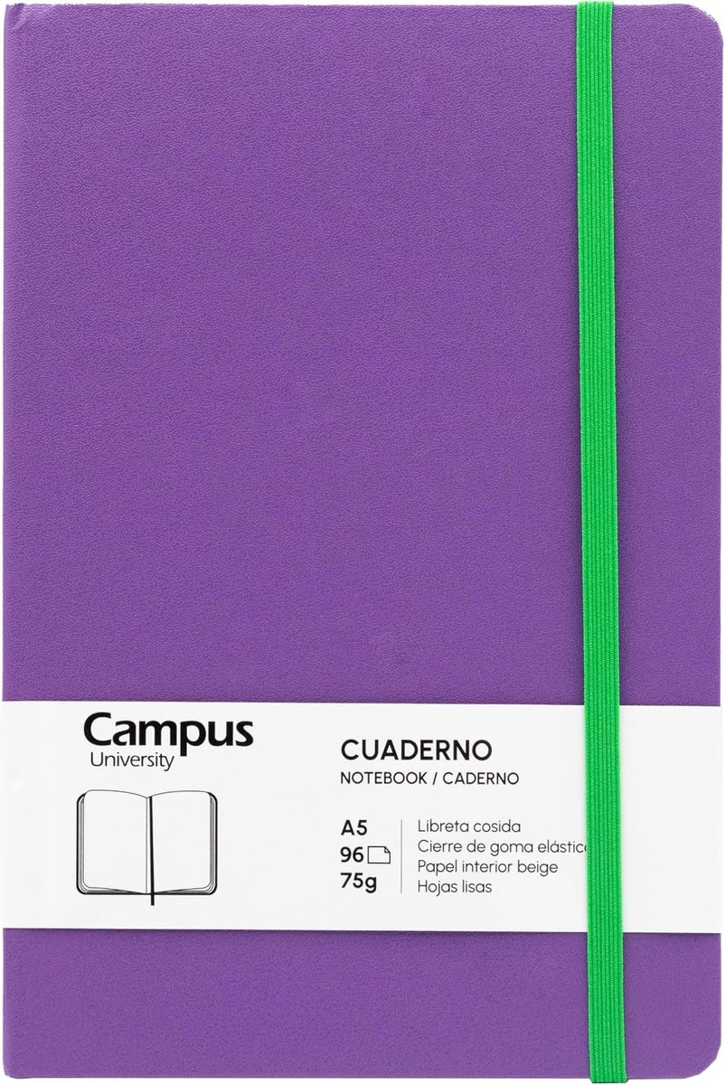 SnelShoppen - Campus Bullet Journal A5 Notitieboek, Genaaid, 96 Bladen, 75 g Papier, Elastische Sluiting, Pouch, Bookmark, Paars, Perfect voor School